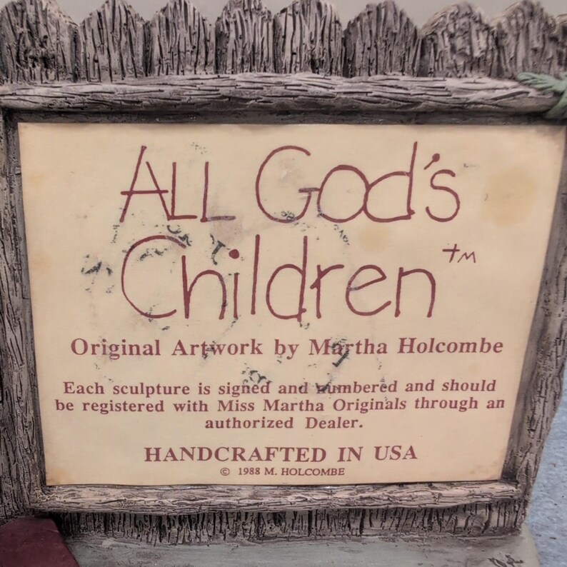 All Gods Children Martha Holcombe 1988 Handgefertigte USA Figur Mädchen Zaun Zeichen Bild 3