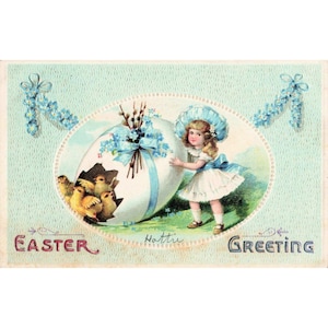 Antique Easter Greeting Postcard Embossed Girl Chicks Germany Series 2020 VG image 1