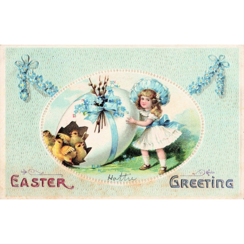 Antique Easter Greeting Postcard Embossed Girl Chicks Germany Series 2020 VG image 1