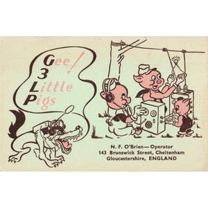 Karta QSL Vtg 1957 G3LP Radio amatorskie 3 małe świnki wielki zły wilk Anglia efemeryda zdjęcie 1