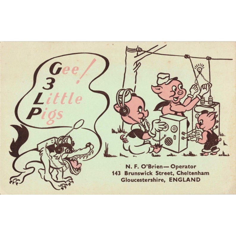 Karta QSL Vtg 1957 G3LP Radio amatorskie 3 małe świnki wielki zły wilk Anglia efemeryda zdjęcie 1
