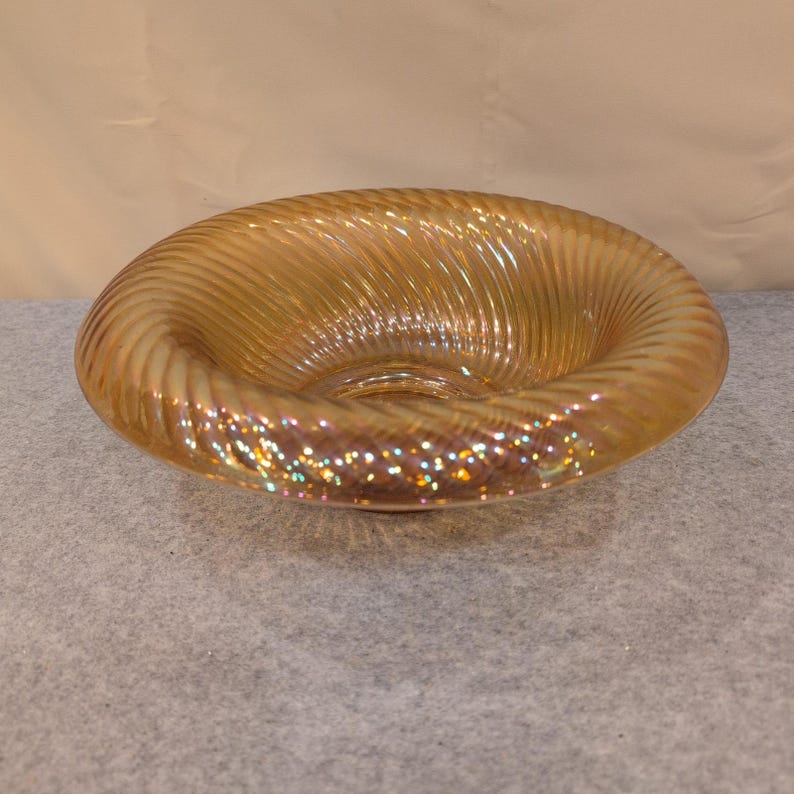 Vintage Marigold Iridescent Carnival Glass Swirl Ribbed Decorative Bowl image 1
