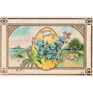 Carte postale ancienne de Pâques de 1911, en relief, avec des myosotis et des moutons, scène pastorale, très bon état. image 1