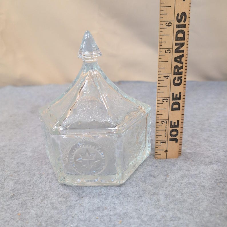 Vintage Clear Pressed Glass Hexagonal Trinket Box American Eagle Star Motif Lid image 6
