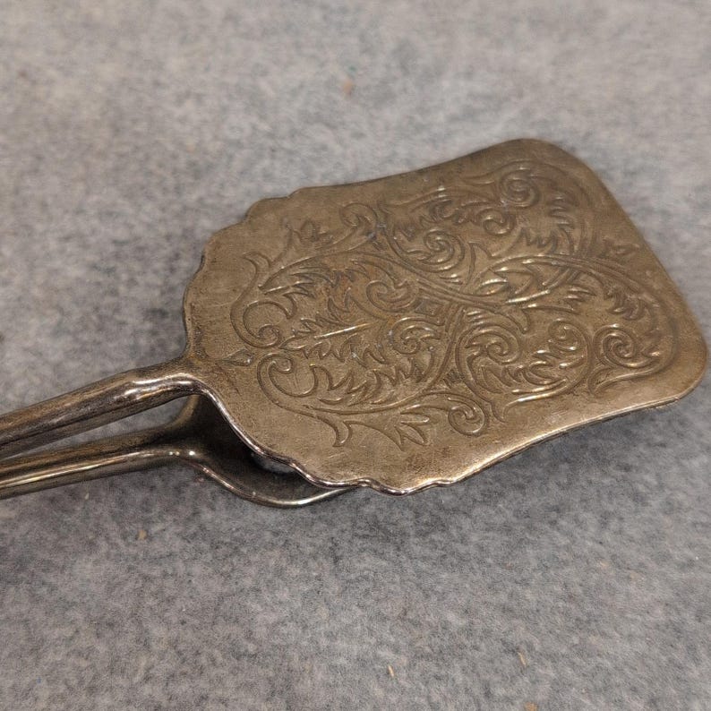Vintage Silverplate Zinc Alloy Pastry Tongs Ornate Scroll Engraved Server image 6