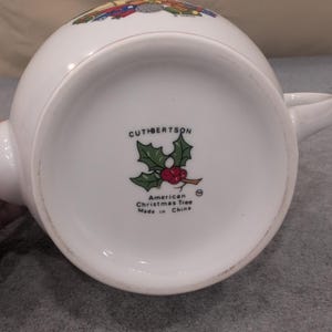 Cuthbertson American Christmas Tree Ceramic Teapot White Red Trim Holiday Decor image 5