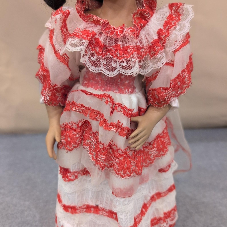 Ashley Belle Porcelain Mexican Doll With Stand Red White Lace Dress Hoop Earring image 3