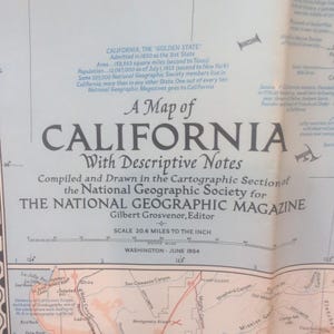 Vintage-Wandbild: National Geographic-Karte von Kalifornien aus dem Jahr 1954 mit beschreibenden Anmerkungen Bild 2