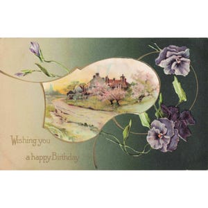Vintage Embossed Birthday Postcard Purple Pansies Country Landscape Germany VG+ image 1