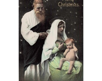 Cartão-postal antigo de Natal com a Sagrada Família e a Natividade em Noite Estrelada, impresso na Saxônia.