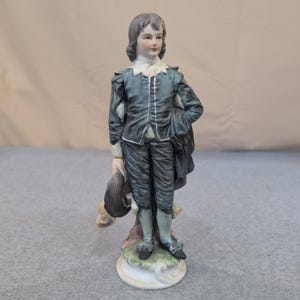 Vintage Porcelain Blue Boy Figurine Matte Hand Painted 18th Century Style Statue image 1