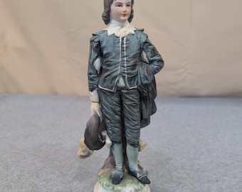 Vintage Porcelain Blue Boy Figurine Matte Hand Painted 18th Century Style Statue