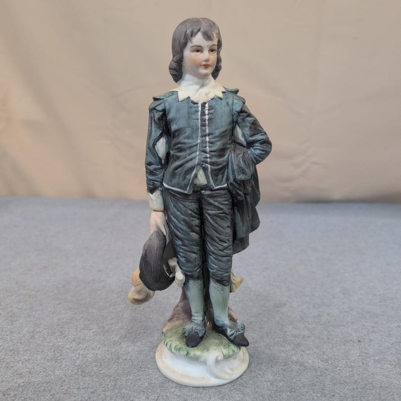 Vintage Porcelain Blue Boy Figurine Matte Hand Painted 18th Century Style Statue image 1