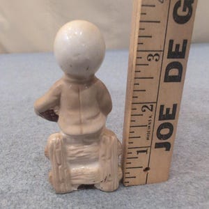 Vintage Ceramic Boy Figurine Tan Cream Overalls Fence Rustic Decor image 2