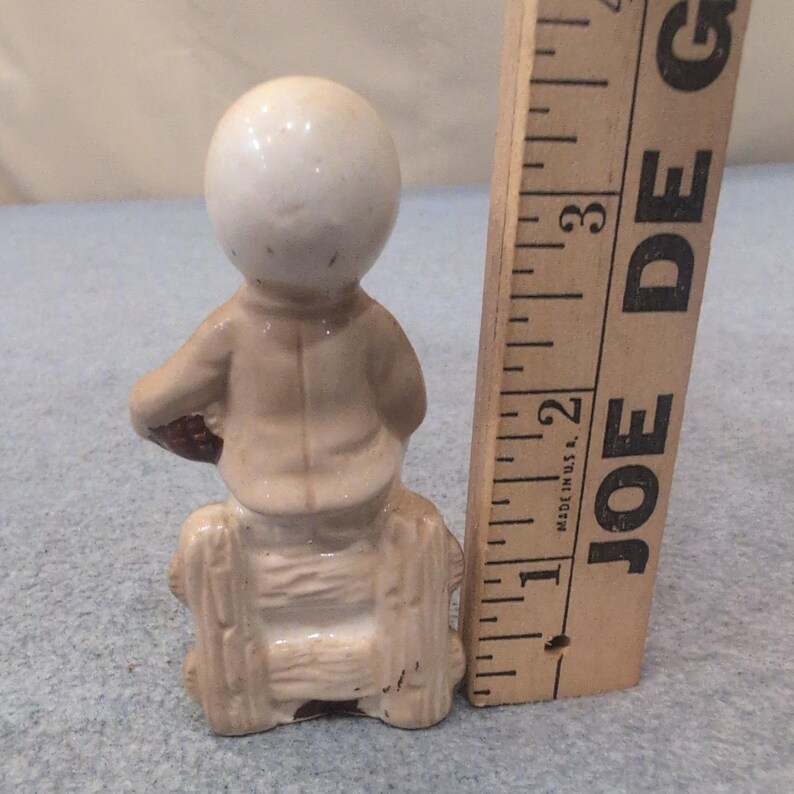 Vintage Ceramic Boy Figurine Tan Cream Overalls Fence Rustic Decor image 2