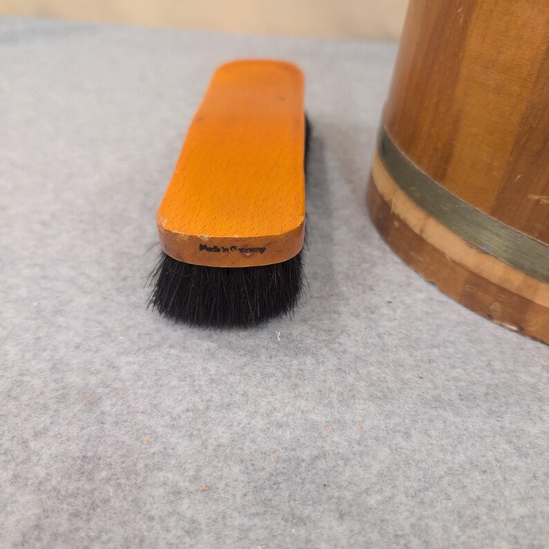Vintage Firkin Style Wooden Shoe Shine Bucket with Footrest and German Brush image 3