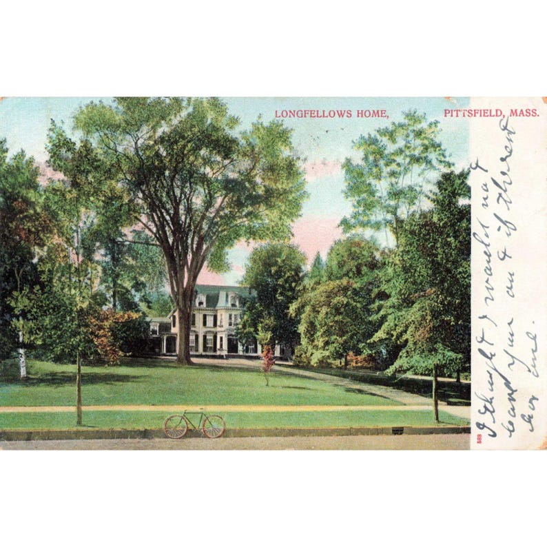 Carte postale ancienne de 1907 représentant la maison de Longfellow à Pittsfield, Massachusetts. AC Bosselman, Allemagne. image 1