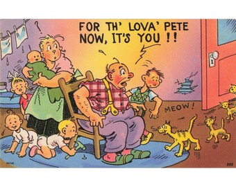 Vintage Tichnor Bros Linen Postcard Humorous Family Cartoon Cats 84146 892