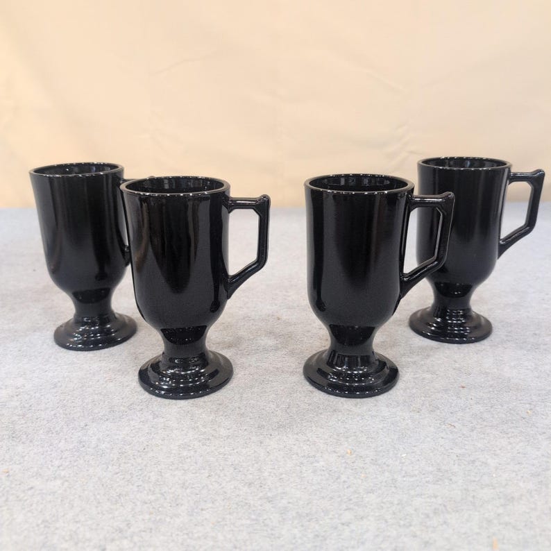 Vintage Black Milk Glass Footed Irish Coffee Mugs Pedestal Set of 4 image 1