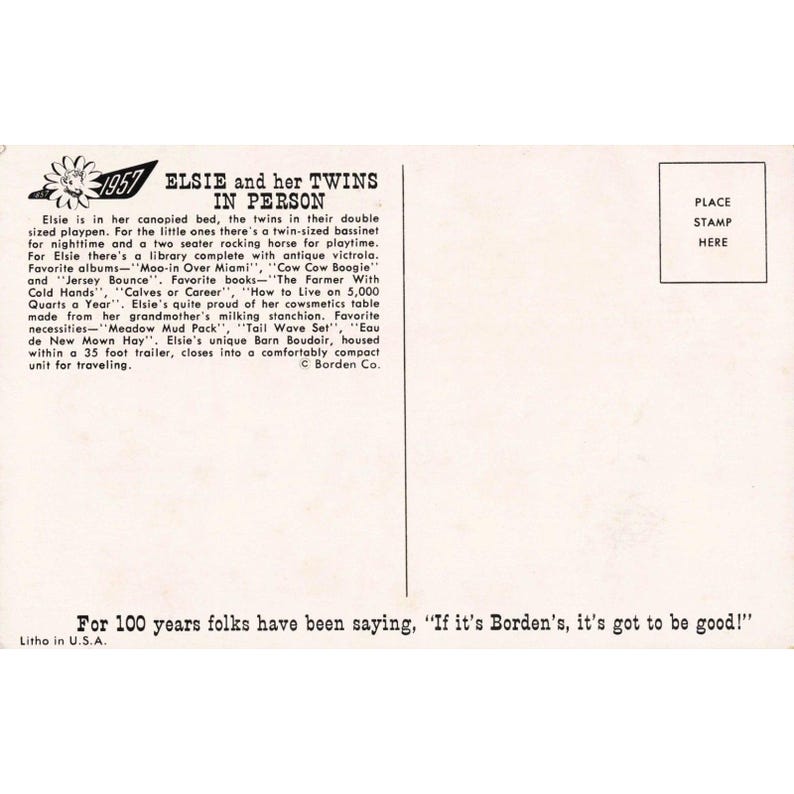 Vtg 1957 Elsie the Cow Borden's Advertising Postcard Twins Traveling Exhibit image 2