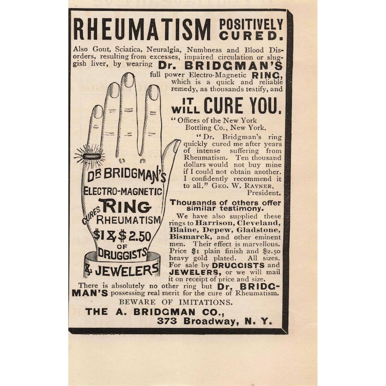 Annuncio pubblicitario stampato del 1892 dell'anello elettromagnetico del Dr. Bridgman contro reumatismi, gotta e sciatica immagine 1
