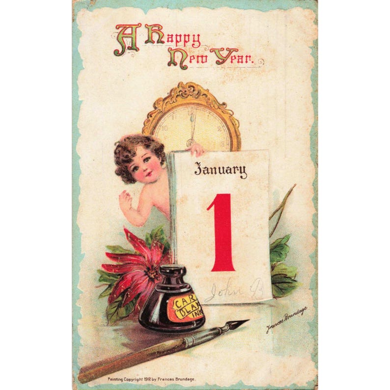 Vintage 1912 Frances Brundage Happy New Year Postcard Cherub January 1st 1914 PM image 1