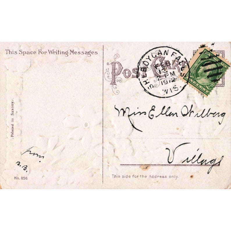 Antieke Valentijnskaart uit 1912, RPPC, reliëf met viooltjes en duiven, Saksen. afbeelding 2