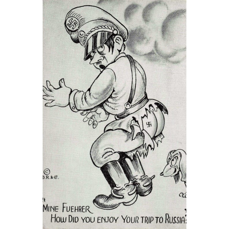 1943年ヴィンテージ「枢軸国を叩け」第二次世界大戦風刺ポストカード D. Robbins & Co ロシア旅行 画像 1