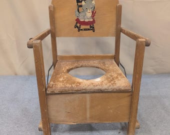 Silla de orinal de madera vintage con estampado de gatito, asiento de entrenamiento para niños pequeños de mediados de siglo