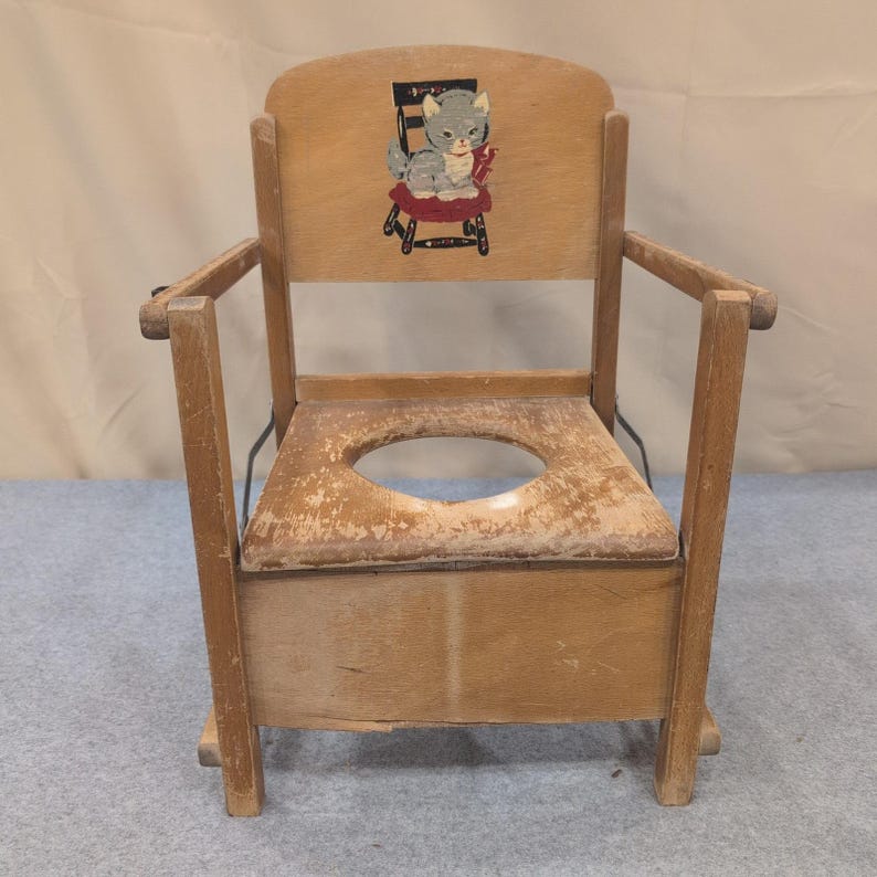 Vintage Wooden Potty Chair Kitten Graphic Mid Century Toddler Training Seat image 1