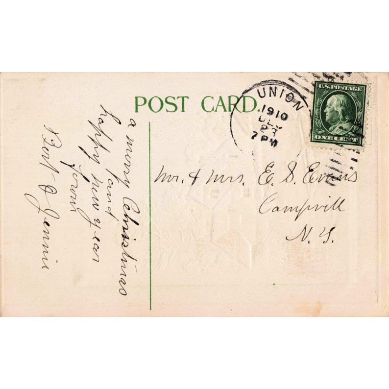 Postal navideña antigua de 1910 con cordiales deseos. Casa de invierno. Union, NY Stamp. imagen 2