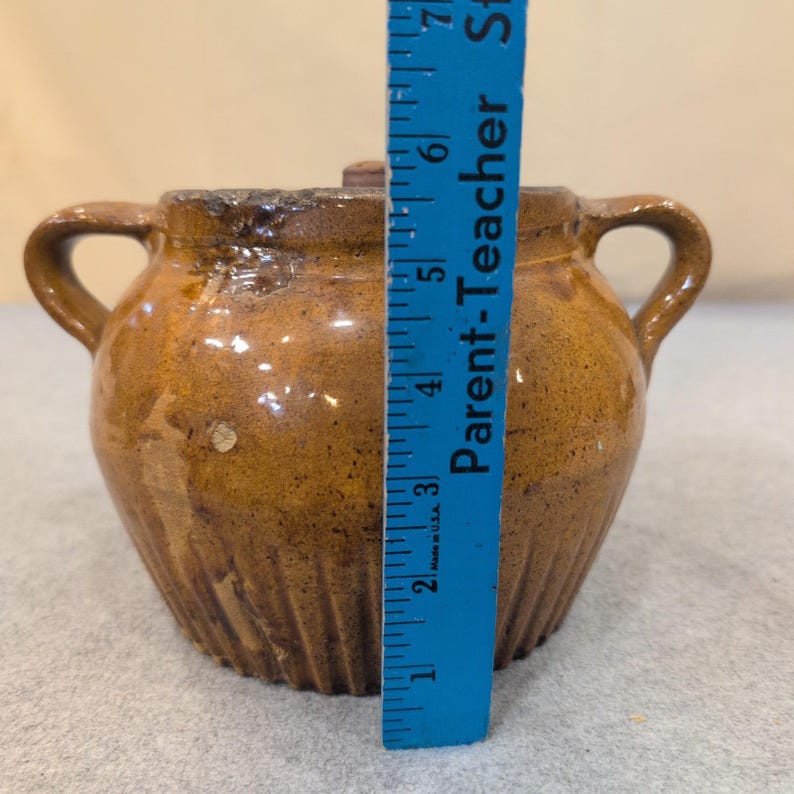 Antique Brown Glazed Stoneware Bean Pot with Lid Ribbed Base Dual Handles image 4