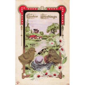 Antique Easter Greetings Postcard Embossed Chicks Nest Flowers Gilt Border VG image 1
