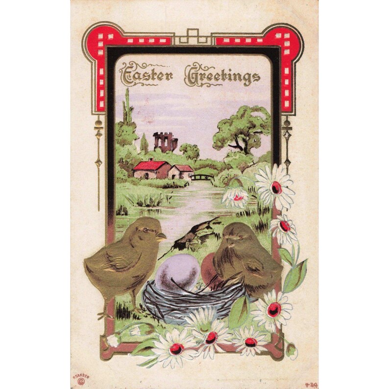 Antique Easter Greetings Postcard Embossed Chicks Nest Flowers Gilt Border VG image 1