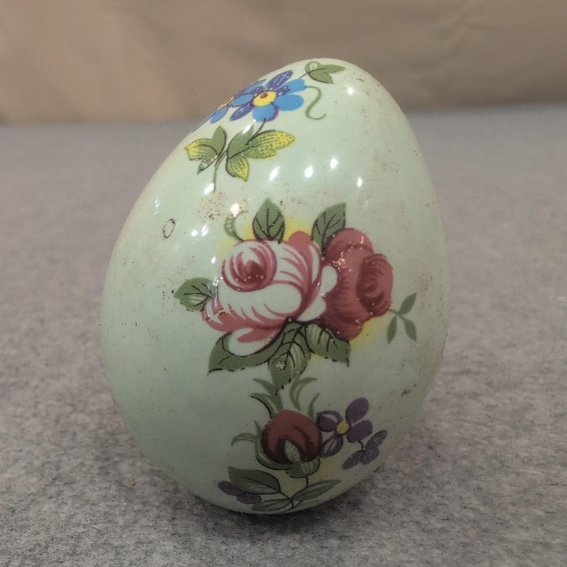 Vintage Floral Ceramic Decorative Egg Pale Green Rose Pattern Ornament image 1