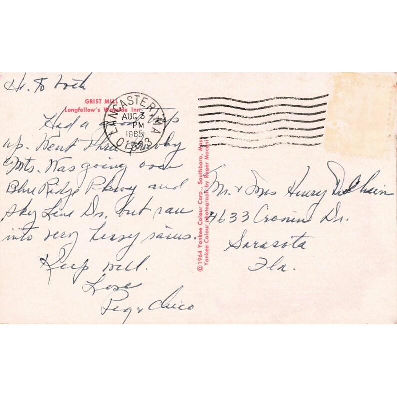 Vintage 1965 Grist Mill Longfellows Wayside Inn Sudbury MA Postcard Red Wheel image 2