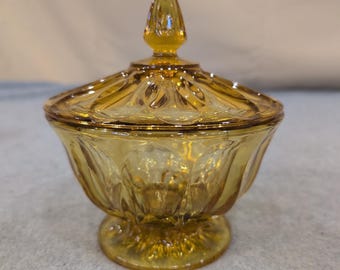 Vintage Anchor Hocking Amber Pressed Glass Footed Candy Dish with Lid Bowl
