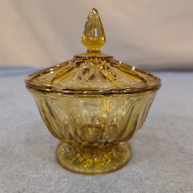 Vintage Anchor Hocking Amber Pressed Glass Footed Candy Dish with Lid Bowl image 1
