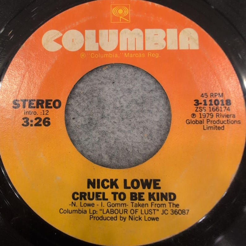 Nick Lowe Cruel To Be Kind Grey Ribbon 1979 Columbia 45 RPM Vinyl 3-11018 image 2