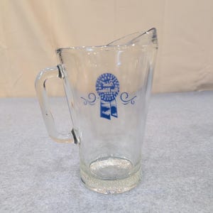 Vintage Pabst Blue Ribbon Beer Glass Pitcher Clear PBR Barware Logo Scroll image 2