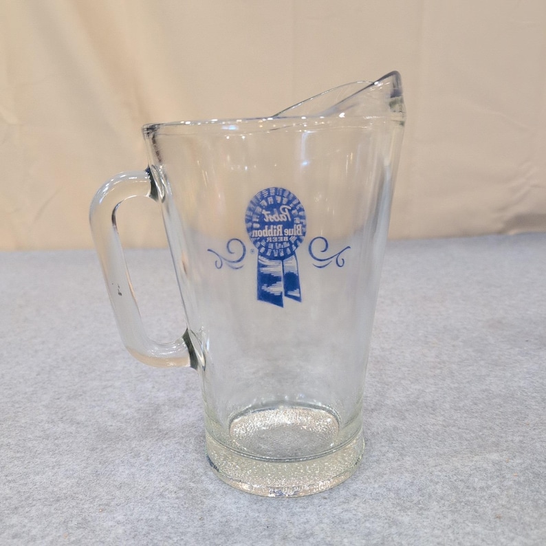 Vintage Pabst Blue Ribbon Beer Glass Pitcher Clear PBR Barware Logo Scroll image 2