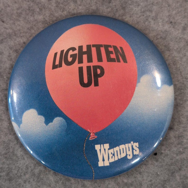 VTG Wendy's Lighten Up Balloon Pin Button Retro Fast Food Memorabilia Pinback image 1