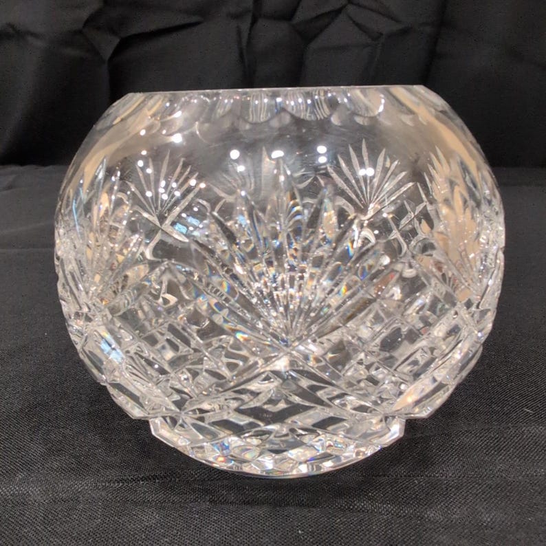 Vintage Cut Crystal Rose Bowl Round Clear Glass Starburst Crosshatch Vase image 2