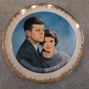 Vintage President John F Kennedy and Mrs Jackie Kennedy Memorial Plate Gold Rim image 1