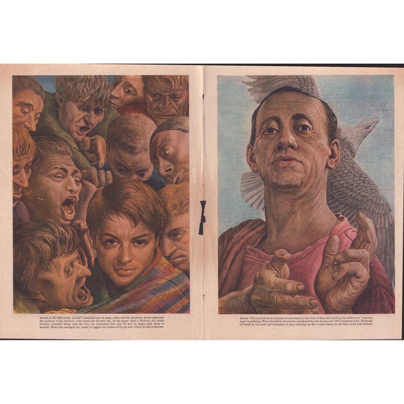 Vintage-Kunstdrucke mit biblischen Illustrationen von Guy Rowe: Josef, Jesaja, David und Elisa Bild 1