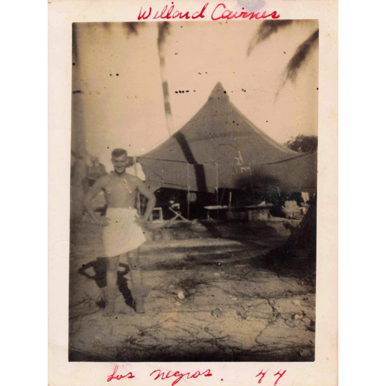 Vintage Photograph Los Negros 1944 Military Camp Tent Soldier WWII Shirtless image 1