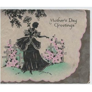 Vintage-Muttertagskarte mit Silhouette einer viktorianischen Dame mit Sonnenschirm (Garten) (VG) Bild 1