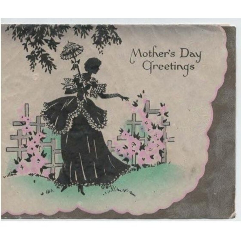 Vintage-Muttertagskarte mit Silhouette einer viktorianischen Dame mit Sonnenschirm (Garten) (VG) Bild 1