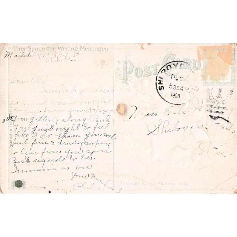 Antieke kerstkaart uit 1908 RPPC Gouden Klok Hulst Duitsland Reliëf afbeelding 2