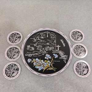 Vintage Alaska State Map Metal Serving Tray and Coaster Set Forget-Me-Not 7pc image 1